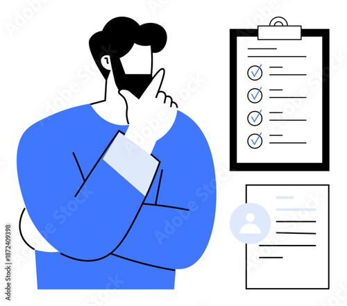Task management, decision-making, workflow organization, evaluation, personal productivity, planning. A person thinking beside a checklist and form. Task management and decision-making concept