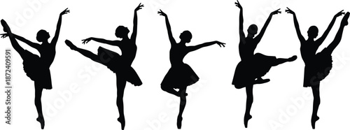 Ballet Dancer Silhouette Set with Graceful Classical Dance Poses for Performance Posters, Dance School Branding, Fitness Designs, Art Prints, and Elegant Vector Illustrations