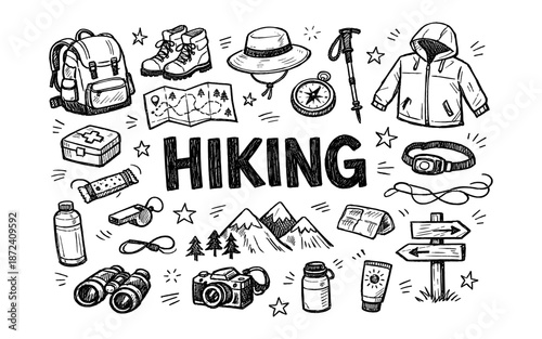 Doodle illustration of essential hiking gear and supplies for outdoor adventures