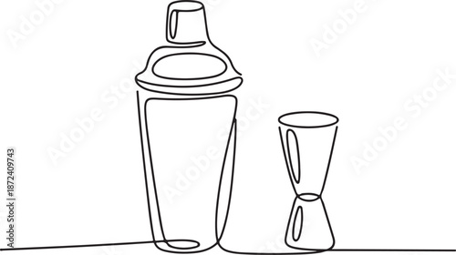 Continuous Line Art Illustration of Bar Surface with Shaker, Bottle, and Jigger Neatly Arranged