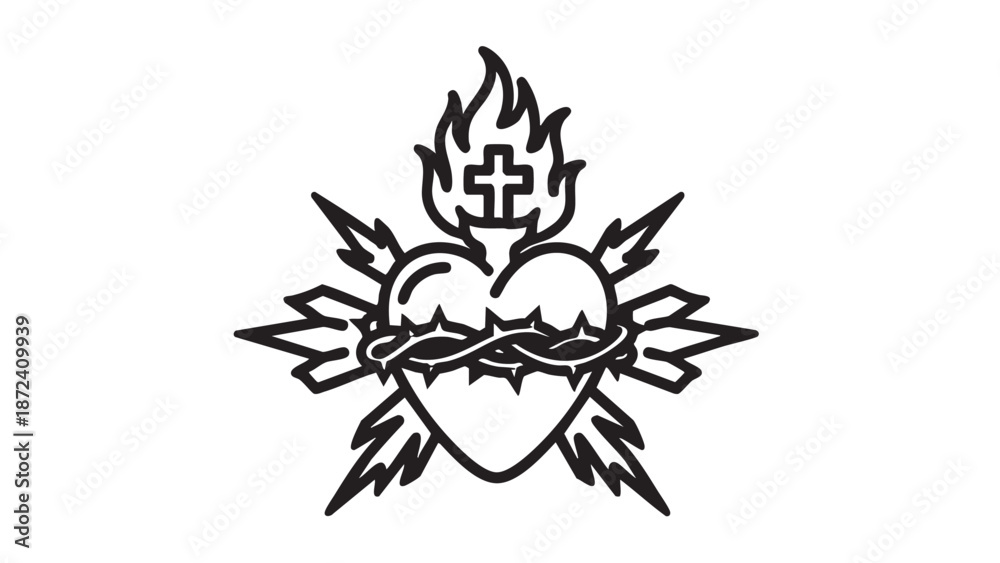 Obraz premium A sacred heart surrounded by flames and thorns is depicted in a simple black line drawing