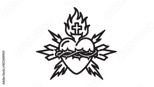 A sacred heart surrounded by flames and thorns is depicted in a simple black line drawing