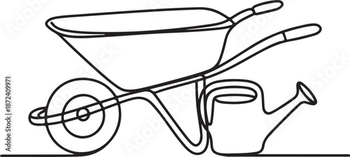 Continuous Line Art Illustration of Wheelbarrow and Watering Can in Harmonious Balance