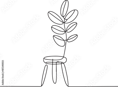 Continuous Line Art Illustration of Tall Leafy Plant Next to Small Stool