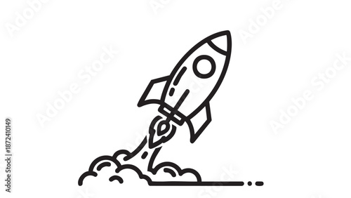 A sleek rocket launches into the sky with smoke and flames billowing out