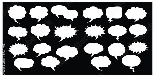 Collection of various white speech bubbles on black background