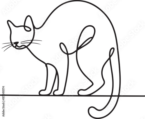 Continuous Line Art Illustration of Cat Arching Back on Windowsill