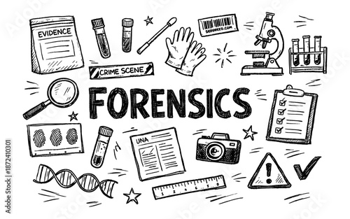 Doodle illustration of forensic science tools and evidence collection for crime investigation