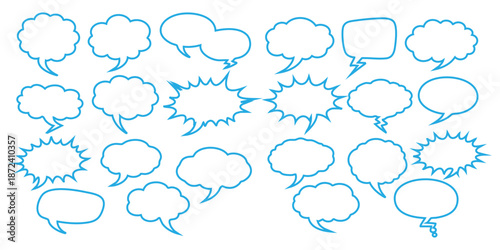 set of blue comic speech bubbles on white background