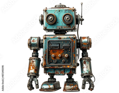 A vintage, metallic robot with teal and rust-colored details, stands upright