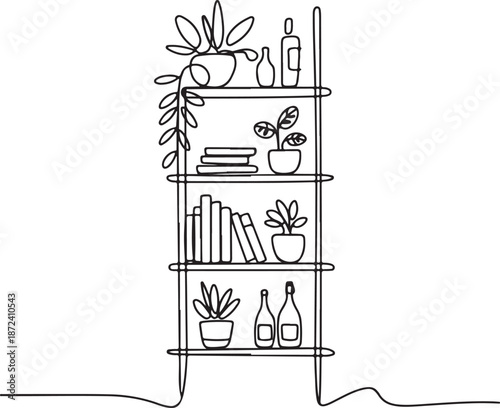Continuous Line Art Illustration of Vertical Shelf Unit with Plants Books and Wine Bottles
