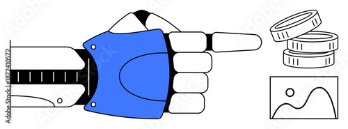 AI innovation, robotics, digital payments, automation, technology integration, futuristic concepts. Robotic hand pointing toward coins and an image symbol. AI innovation and digital payments concept