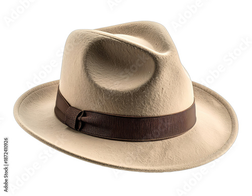 A neutral-toned trilby hat, featuring a dark brown band and a classic, elegant silhouette