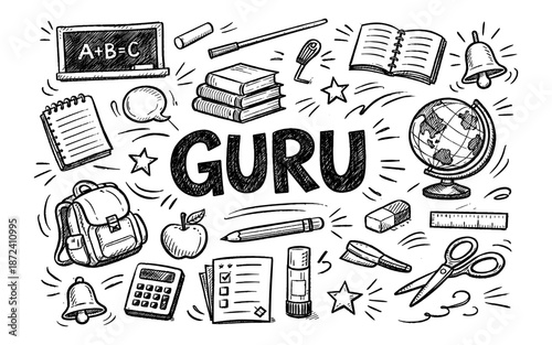 Doodle illustration of school supplies and the word GURU in a hand-drawn style