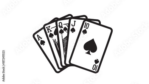 A hand of playing cards fanned out showing a royal flush in spades on a white background