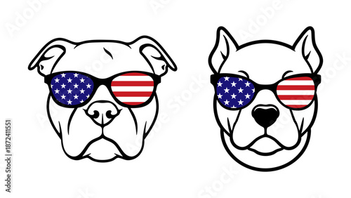 American Staffordshire terrier and American pit bull terrier wearing USA flag print sunglasses. Cool dogs wearing American flag print sunglasses. Hand drawn vector illustration.