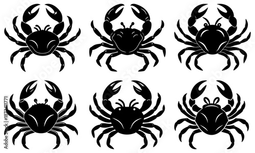 Six black crab silhouettes on a white background crabs