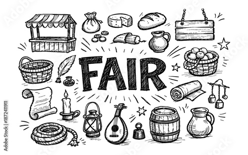 Hand-drawn collection of items and the word FAIR in a sketchy, whimsical style