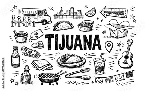 Tijuana doodle art showcasing food, culture, and city landmarks