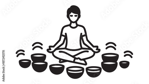 A person meditating surrounded by singing bowls in a serene environment