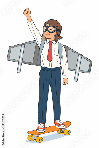 Brave child flapping wings to dreams while gliding towards the sky on a skateboard.