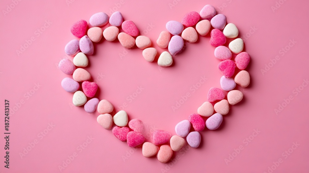 Obraz premium A heart shape made of colorful candies on a pink background for Valentine's Day