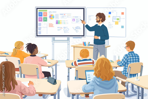 Curious class participating in an interactive education process in front of a digital screen.