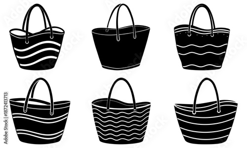 Five Black and White Woven Handbags with Handles on White Background stripes