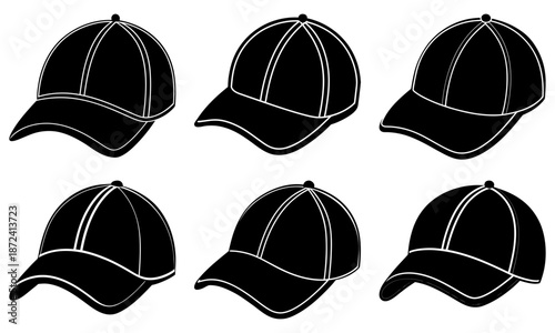 Six Black and White Baseball Caps with Striped on White Background striped six caps transparent background