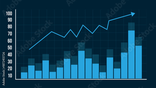 A creative visual representation of business data and financial figures, showing steadily increasing earnings. 