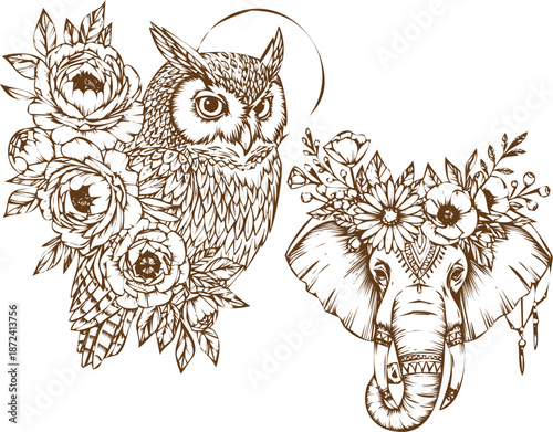 An engraving art bohemian style owl and elephant head with floral decorations hand drawn sketch art