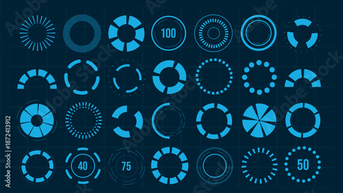 Intelligent technology hud vector interface. Network management data screen with charts and diagrams. Futuristic concept. Vector set.