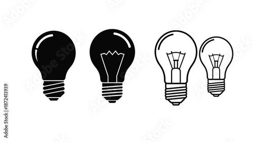Four light bulbs in varying styles a striking black and white silhouette