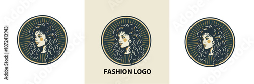 Retro Vintage Logo Illustration of a Beautiful Woman with Long Messy Curly Hair in Dark Colors and Distressed Circular Frame