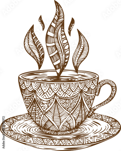An engraving art hand drawn sketch of steaming hot beverage in ornate cup and saucer