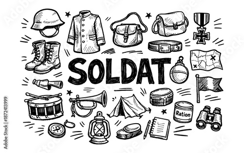 Doodle illustration of soldier's equipment and symbols of military life