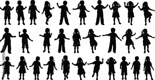 Children silhouette pose grid, standing walking jumping gestures, black vector illustration, editable design, isolated activity icon set