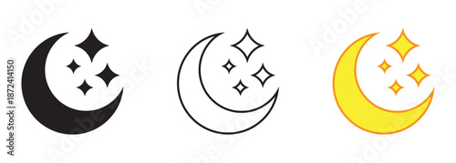 Moon and Star Icons for Night, Sleep and Bedtime Design, Solid, Line and Flat Styles
