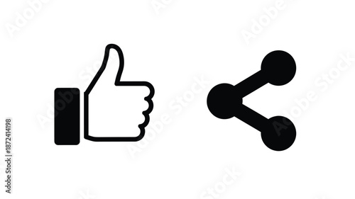 Simple black and white icons of a thumbs up and share silhouette