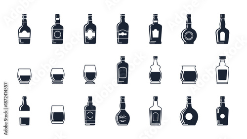 Comprehensive collection of various liquor bottle and glass silhouettes in a clean and professional icon style for graphic design.