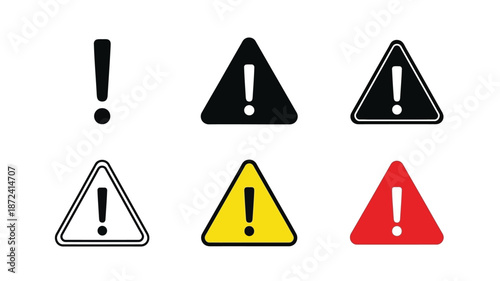 Collection of warning signs with exclamation points varying in color and style silhouette