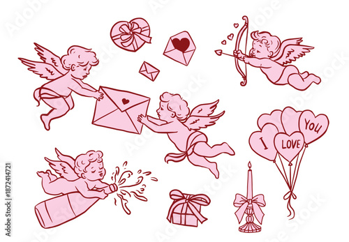 Hand drawn Valentine’s Day illustration set with cute cupids and cherubs delivering love letters, shooting arrows and holding hearts. Whimsical romantic outline style for cards, stickers