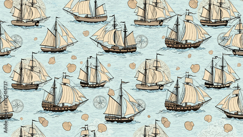 Nautical seamless pattern with vintage wooden sailing ships and seashells on a textured light blue water background.