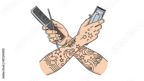 Tattooed hands of a professional barber holding electric hair clippers and a comb in a crossed position on white background.