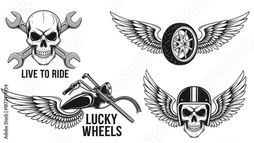 Collection of motorcycle culture graphics including skulls with wrenches, winged wheels, a chopper, and helmets in black and white.