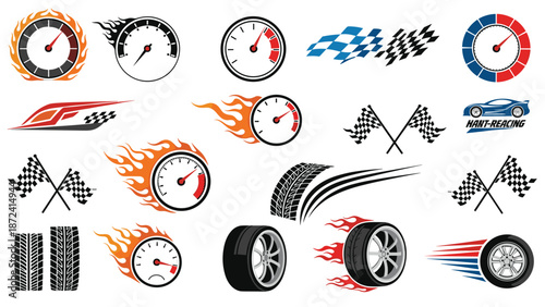 Comprehensive set of automotive racing icons including flaming speedometers, checkered flags, burning tires, and race cars.