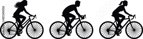 Cyclist silhouettes riding road bicycles, male and female bikers exercising outdoors, fitness training, active lifestyle and sport cycling concept illustration