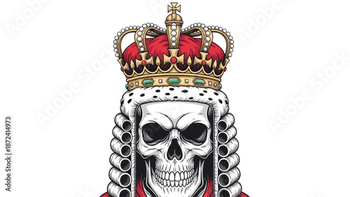 Highly detailed illustration of a royal skeletal figure wearing a golden crown with jewels and a traditional judge wig.