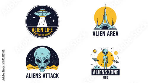 Creative set of extraterrestrial themed badges featuring aliens, flying saucers, and secret bases in a space setting.