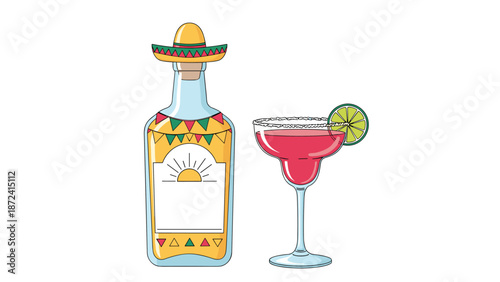 Festive illustration of a tequila bottle wearing a sombrero next to a pink margarita glass with a lime slice garnish.